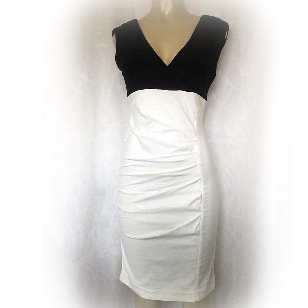 Flavio Castellani Sheath Dress Black White Ruched V Neck Sleeveless S